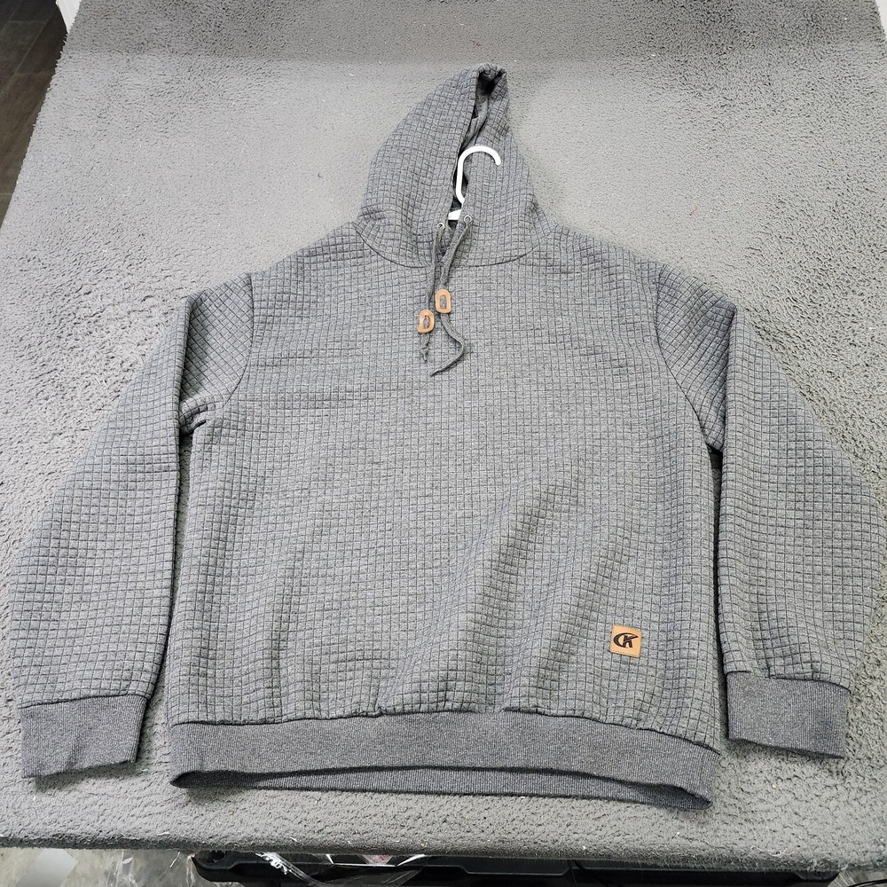 CK Hoodie Mens XL Gray Check Waffle Knit Fleece Pullover Logo Sweatshirt Casual
